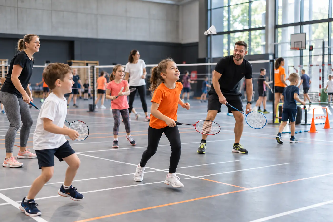 Dzieci i dorośli wspólnie uczestniczą w rodzinnym wydarzeniu sportowym